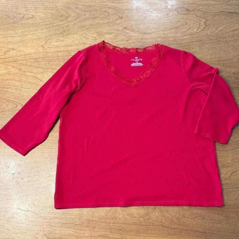 Talbots Red Lace-Trimmed V-Neck Top